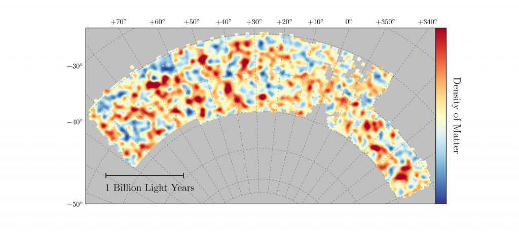 Map of dark matter made from gravitational lensing measurements of 26 million galaxies in the Dark Energy Survey. The map covers about 1/30th of the entire sky and spans several billion light-years in extent. Red regions have more dark matter than average, blue regions less dark matter. Image: Chihway Chang of the Kavli Institute for Cosmological Physics at the University of Chicago and the DES collaboration.