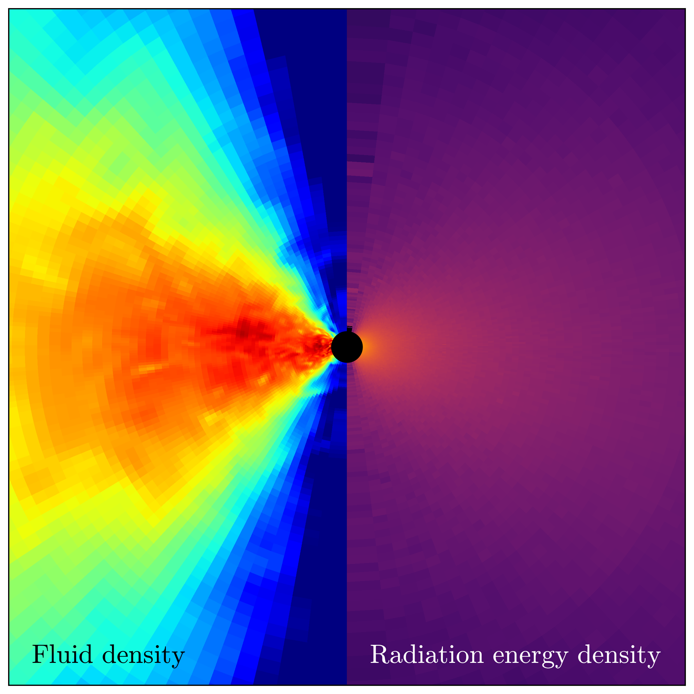 Black hole in the center, left shows the material in the disk while the right shows the radiation energy component  in the disk