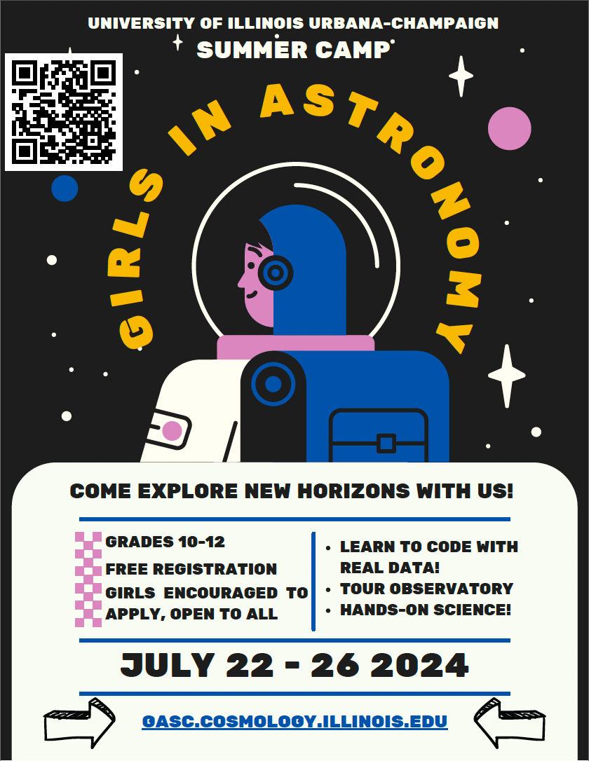 Come Explore New Horizons With Us!  Grades 10-12; Free registration; Girls encouraged to apply, open to all; Learn to code with real data! Tour observatory, Hands-on science!  July 22-26 2024. gasc.cosmology.illinois.edu