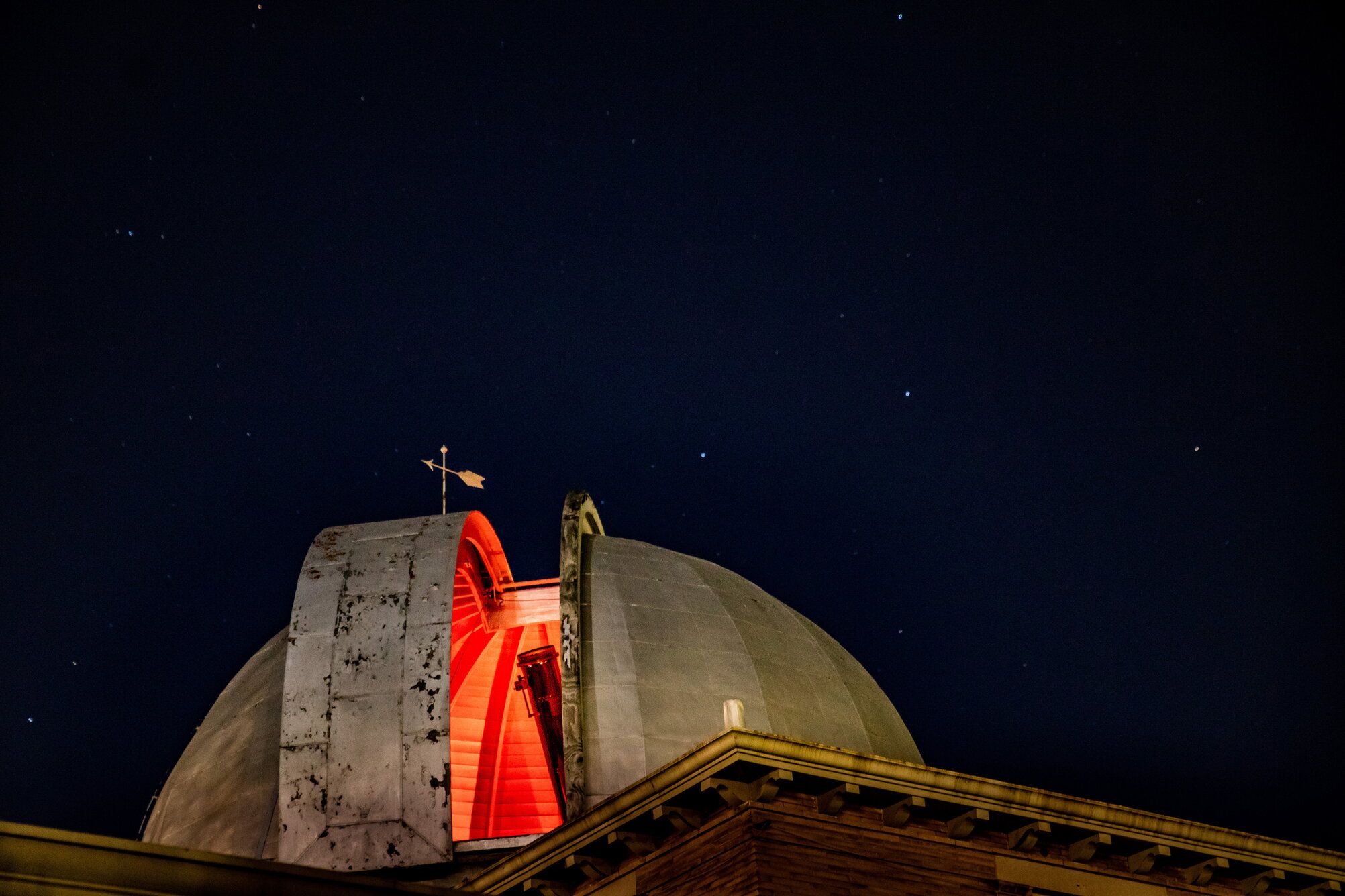 The observatory dome at night.