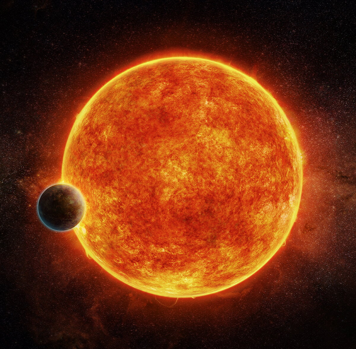 An exoplanet next to a star.