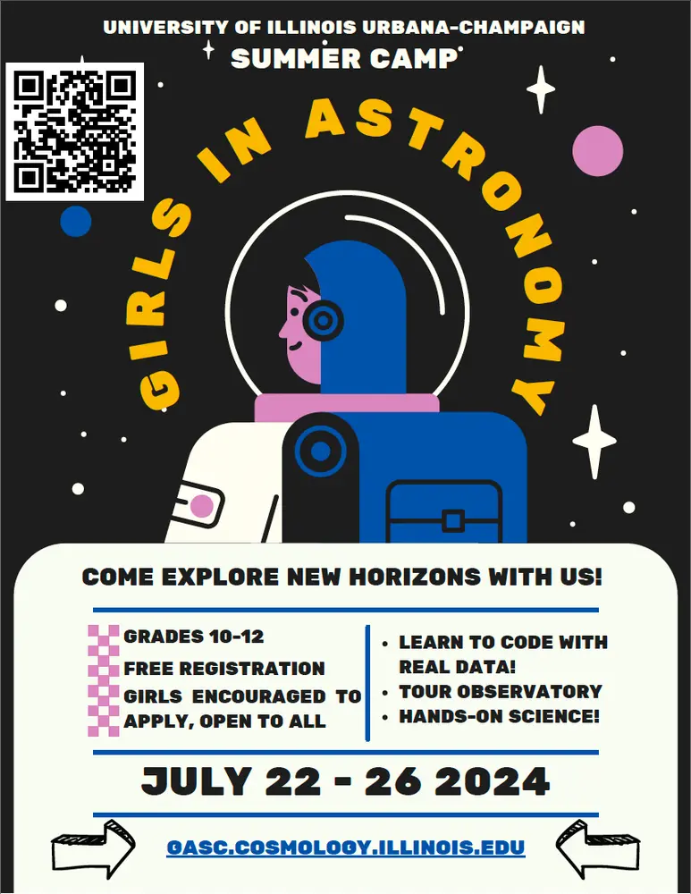 Come Explore New Horizons With Us! Grades 10-12; Free registration; Girls encouraged to apply, open to all; Learn to code with real data! Tour observatory, Hands-on science! July 22-26 2024. gasc.cosmology.illinois.edu