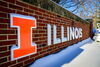 Illinois and the block I on a brick wall in the snow.